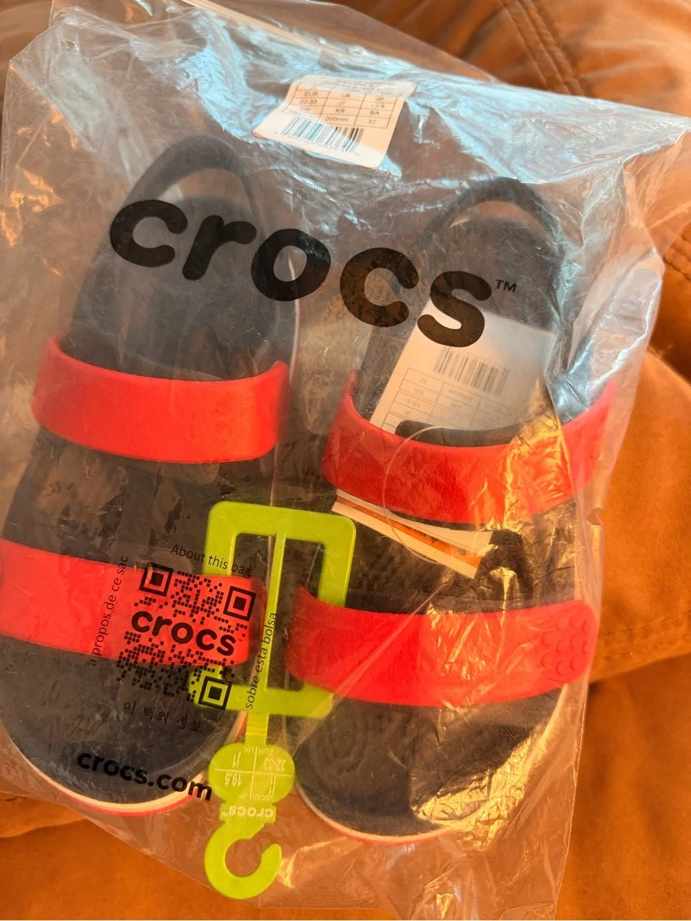 CROCS Crocband Cruiser, Black Footbed Sandals with Red Straps, kids size 1